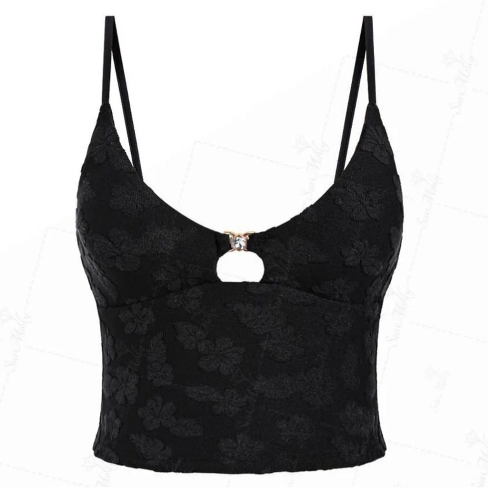 Seamolly Terry Cloth Floral Jacquard Cut Out Rhinestones Decore Tankini Black